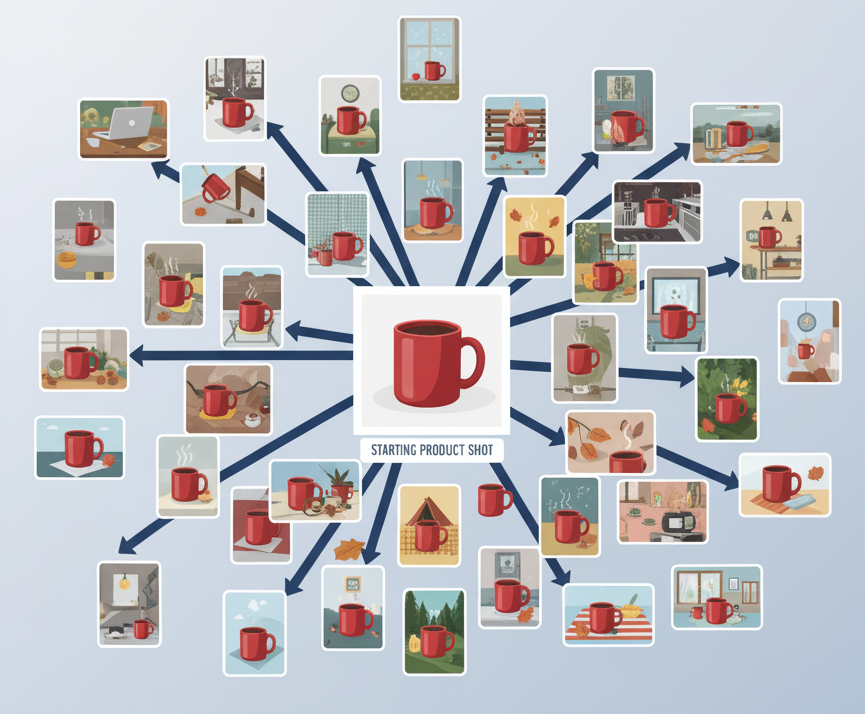 Scalable AI product photography showing multiple lifestyle variations